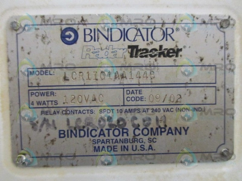 BINDICATOR LCR1IG1AA144B RADAR TRACKER 120VAC UNMP