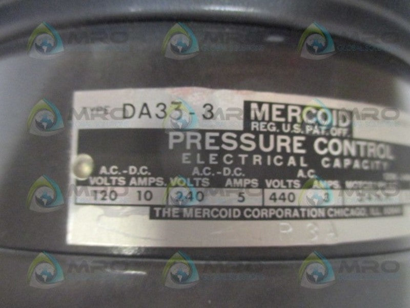 MERCOID CONTROLS DA-33-3 PRESSURE CONTROL 20PSIG NSMP