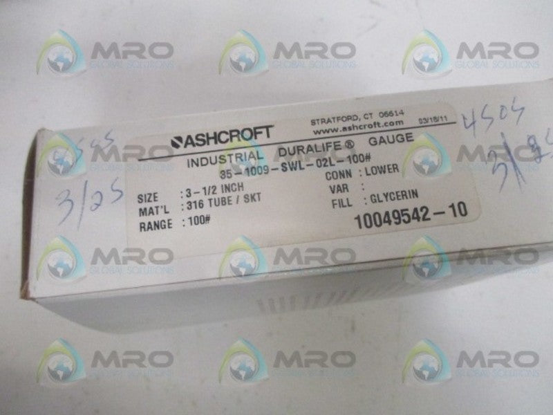 ASHCROFT 35-1009-SWL-02L-100# PRESSURE GAUGE 3-1/2" 100PSI NSMP