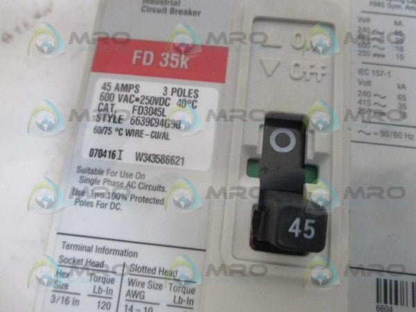 CUTLER HAMMER FD3045L CIRCUIT BREAKER 45A NSMP