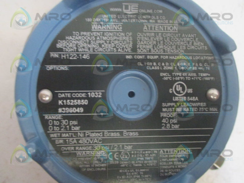 UNITED ELECTRIC H122-146 PRESSURE SWITCH 30PSI NSMP