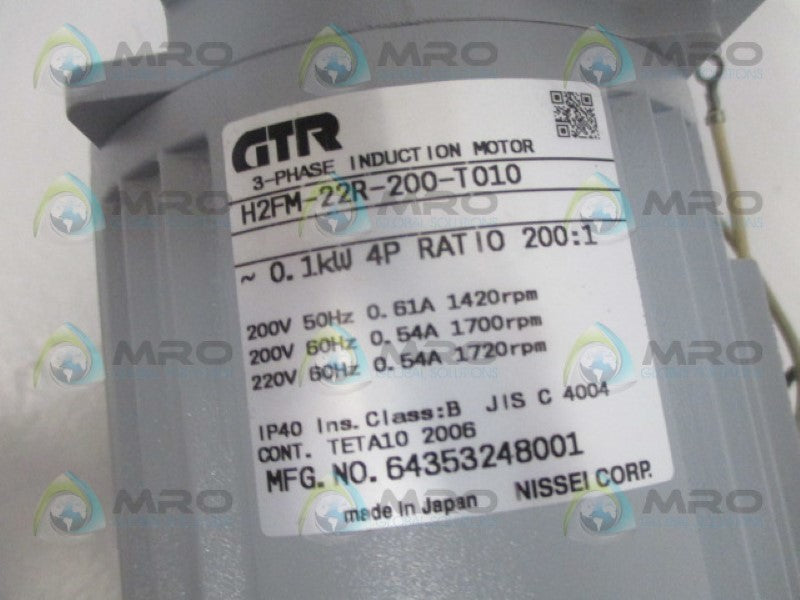 GTR NISSEI H2FM-22R-200-T010 RATIO 200:1 INDUCTION MOTOR 3PH NSNP