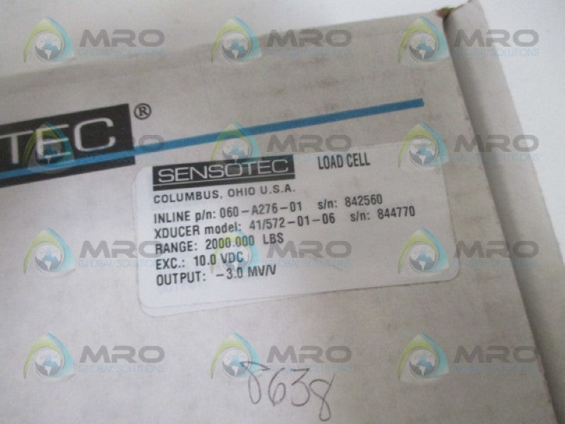 SENSOTEC 060-A276-01 41/572-01-06 LOAD CELL RANGE: 2000LBS 10VDC NSMP