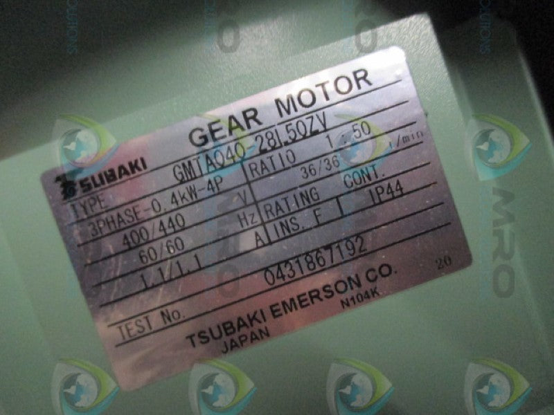 TSUBAKI EMERSON GMTA040-28L50ZV RATIO 1:50 GEAR MOTOR 3PH NSMP