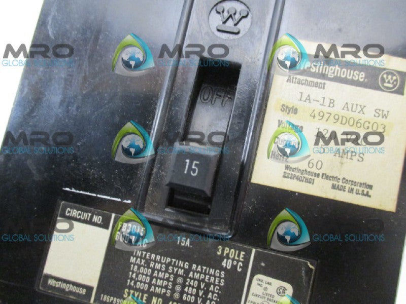 WESTINGHOUSE FB3015 CIRCUIT BREAKER 15A UNMP