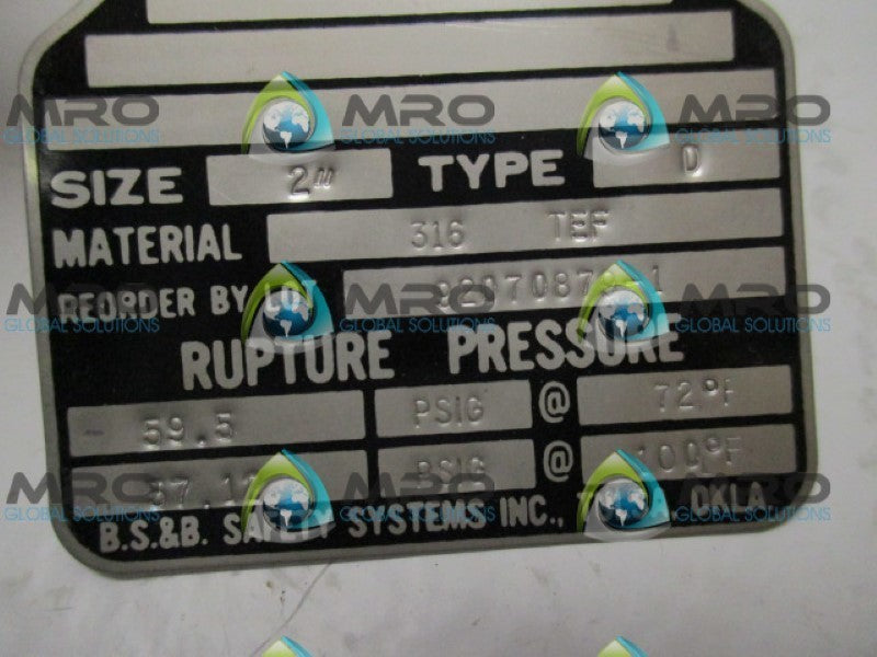 BS&B SAFETY SYSTEMS 92070879-1 RUPTURE PRESSURE 2" NSNP