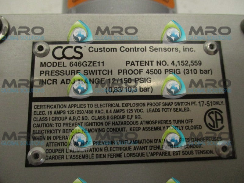 CUSTOM CONTROL SENSORS 646GZE11 PRESSURE SWITCH 4500PSIG NSMP