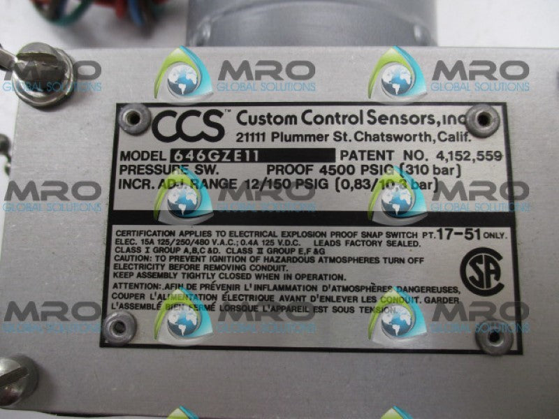 CUSTOM CONTROL SENSORS 646GZE11 PRESSURE SWITCH 4500PSIG NSNP