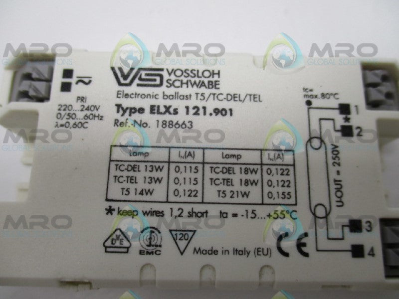 VOSSLOH SCHWABE ELXS121.901 188663 ELECTRONIC BALLAST (AS PICTURED) UNMP