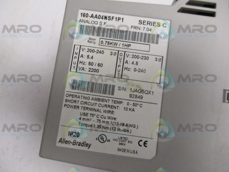 ALLEN BRADLEY 160-AA04NSF1P1 SER. C SPEED CONTROLLER 0.75KW/1HP  NSNP