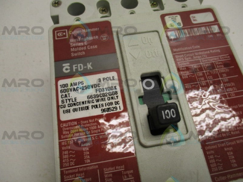 CUTLER HAMMER FD3100K CIRCUIT BREAKER 100A RED FACE NSMP