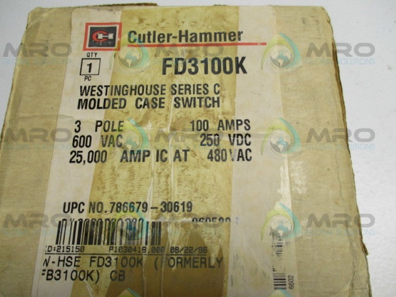 CUTLER HAMMER FD3100K CIRCUIT BREAKER 100A RED FACE NSMP