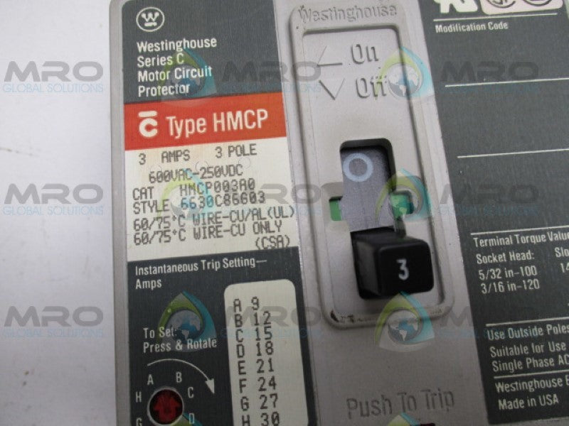 WESTINGHOUSE HMCP003A0 CIRCUIT BREAKER 3A UNMP