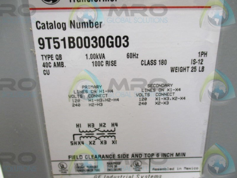 GENERAL ELECTRIC 9T51B0030G03 TRANSFORMER 120/240V NSMP