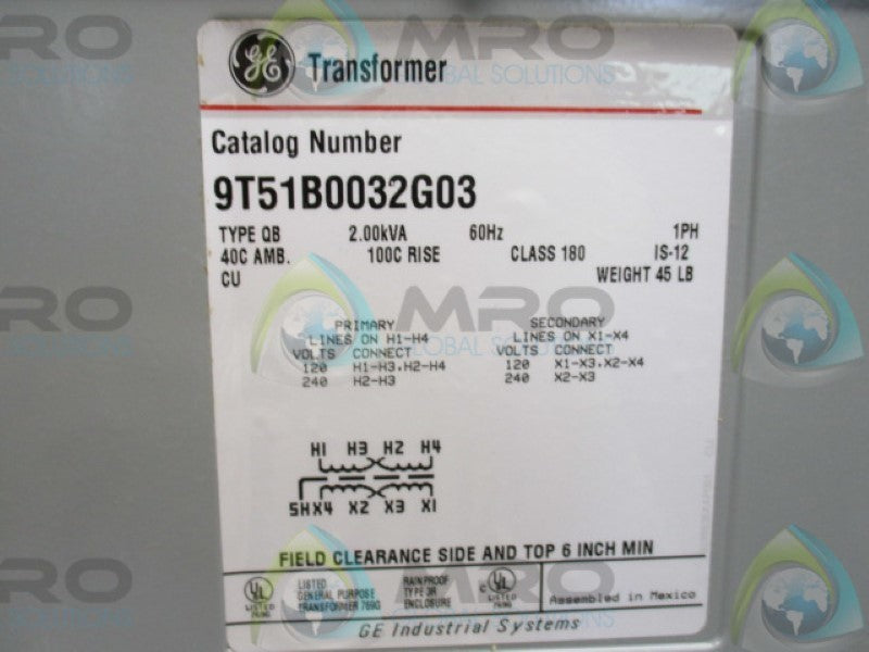 GENERAL ELECTRIC 9T51B0032G03 TRANSFORMER 120/240V NSMP