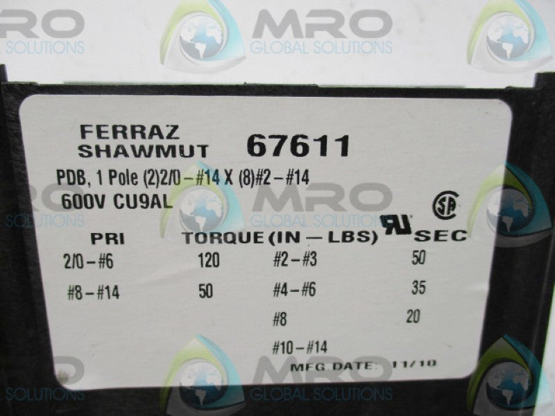 FERRAZ SHAWMUT 67611 DISTRIBUTION BLOCK 1P 600V UNMP
