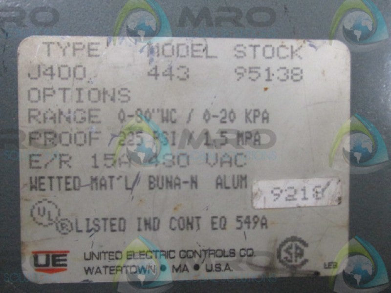 UNITED ELECTRIC J400-443 95138 PRESSURE SWITCH  UNMP