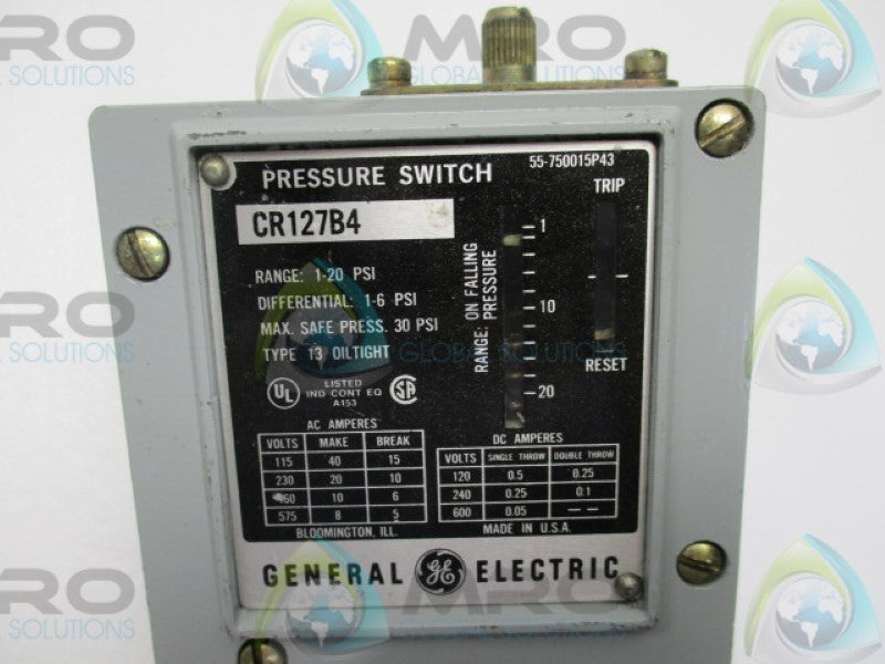 GENERAL ELECTRIC CR127B4 PRESSURE SWITCH 1-20PSI 1-60DIFF 30PSI MAX  UNMP