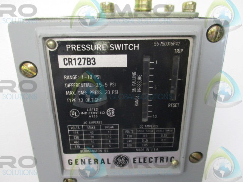 GENERAL ELECTRIC CR127B3 PRESSURE SWITCH 0-15PSI DIFF 30PSI MAX  UNMP