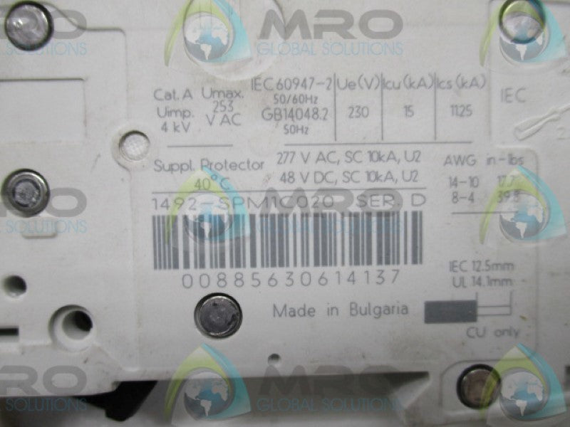 ALLEN BRADLEY 1492-SPM1C020 SER. D CIRCUIT BREAKER 2A  UNMP