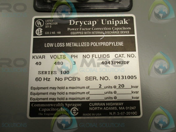 COMMONWEALTH SPRAUGE CAPACITOR 4043PMUDF METALIZED POLYPROPYLENE   NSNP