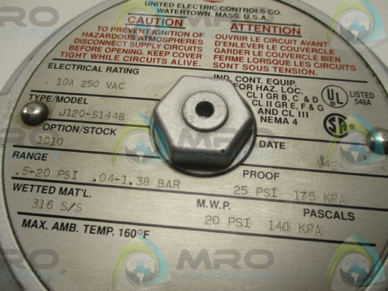 UNITED ELECTRIC J120-S144B PRESSURE SWITCH .5-20PSI  NSNP