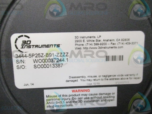 3D INSTRUMENTS 3444-5P25Z-B91-ZZZZ TEST GAUGE 200PSI  NSNP
