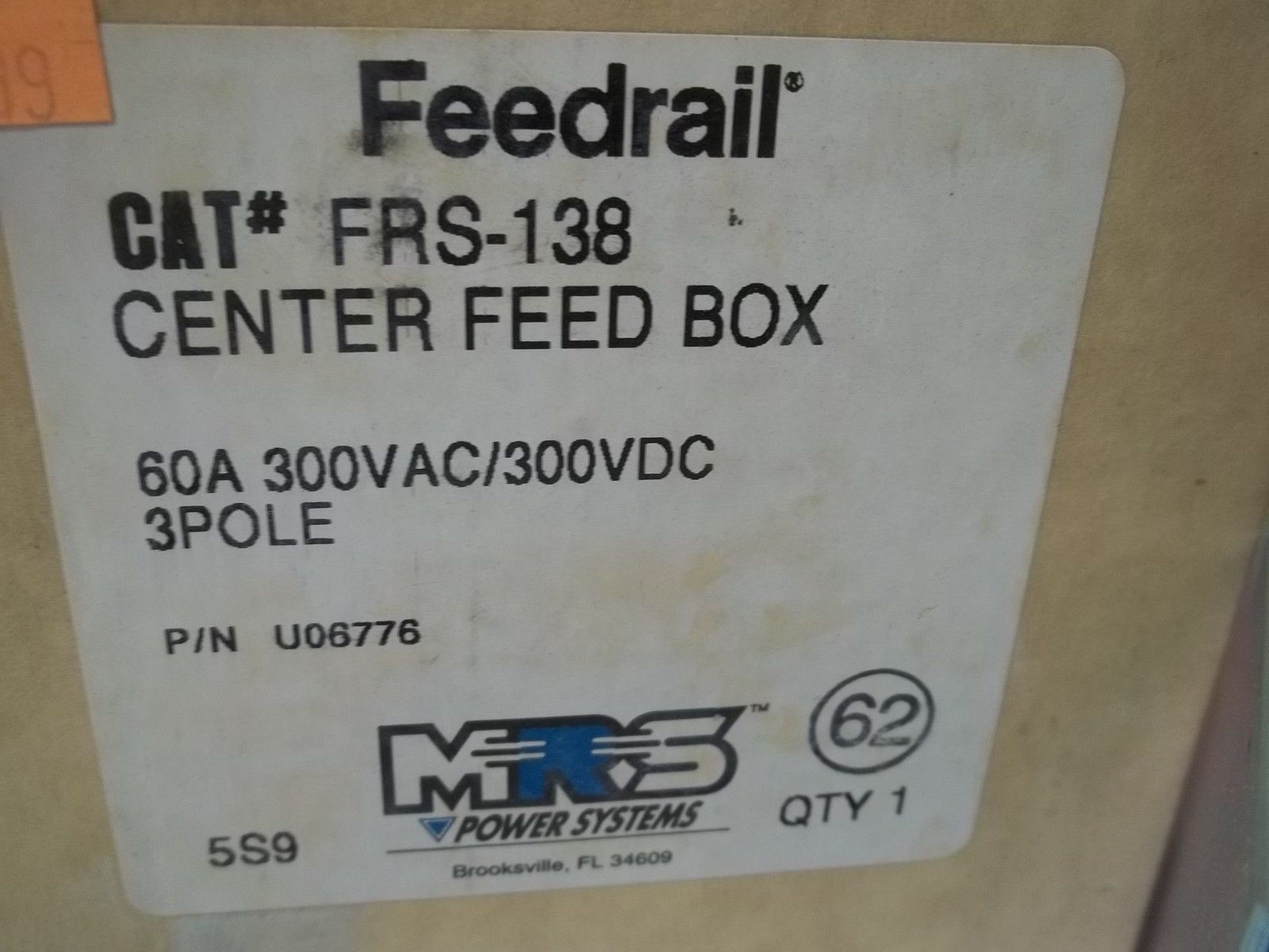 MRS POWER SYSTEMS FRS-138 CENTER FEED BOX 60A 300VAC/300VDC 3POLE NSMP