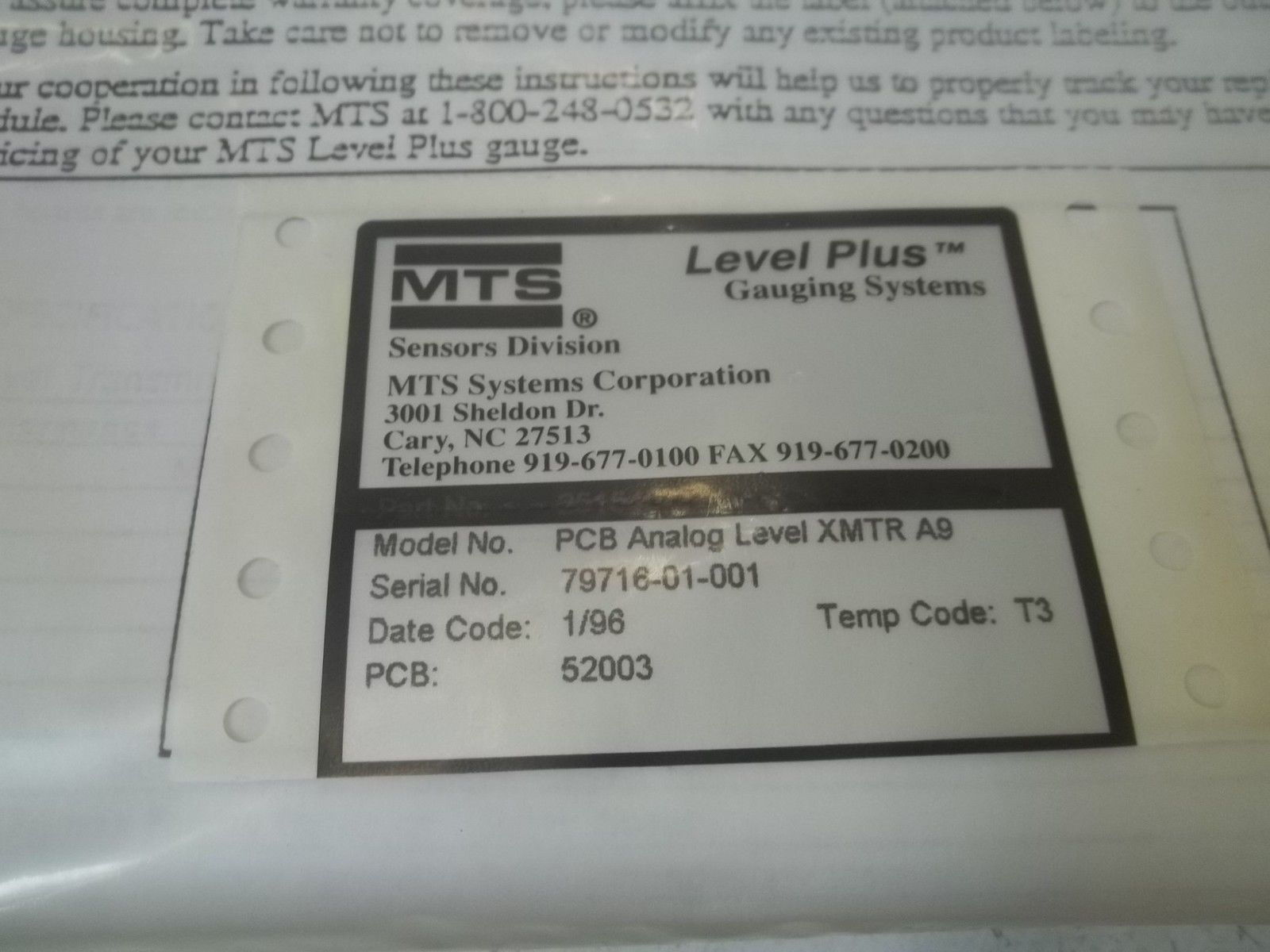 MTS 251540-2 PCB ANALOG LEVEL XMTR A9 NSMP