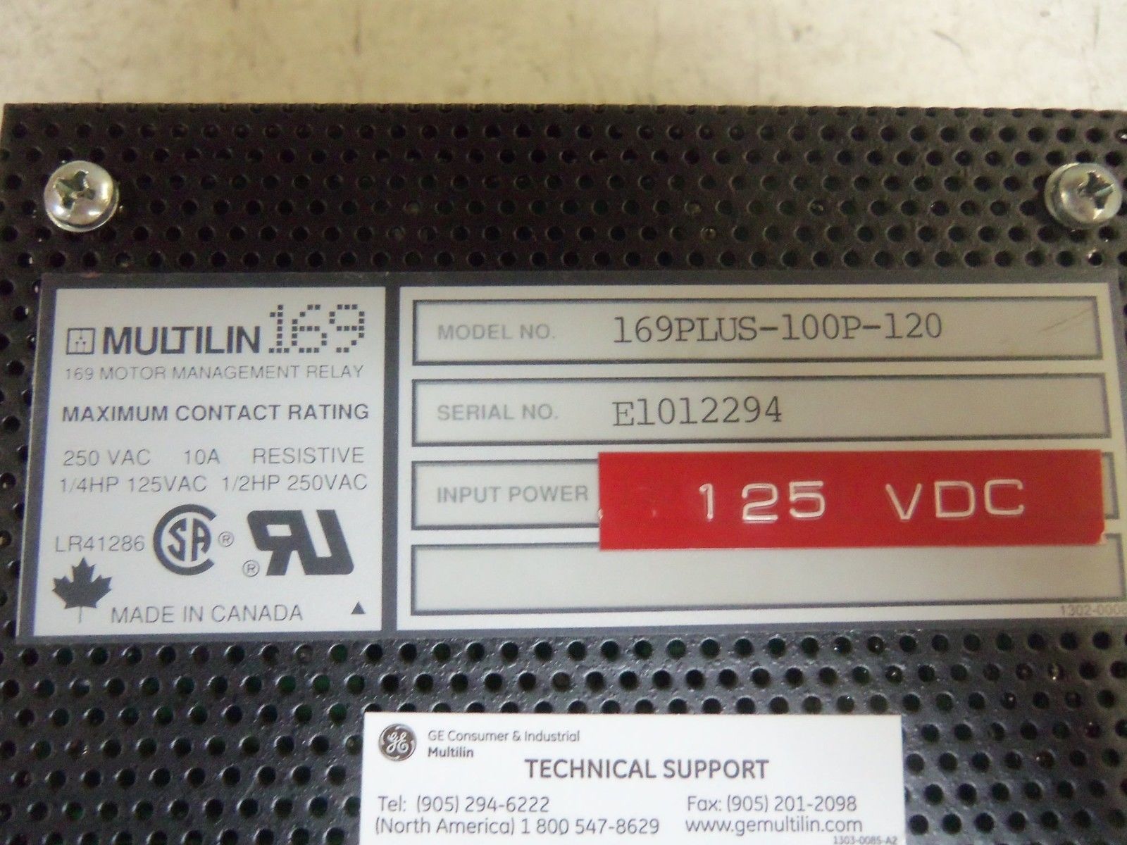 MULTILIN 169PLUS-100P-120 MOTOR PROTECTION RELAY 125VDC *USED*