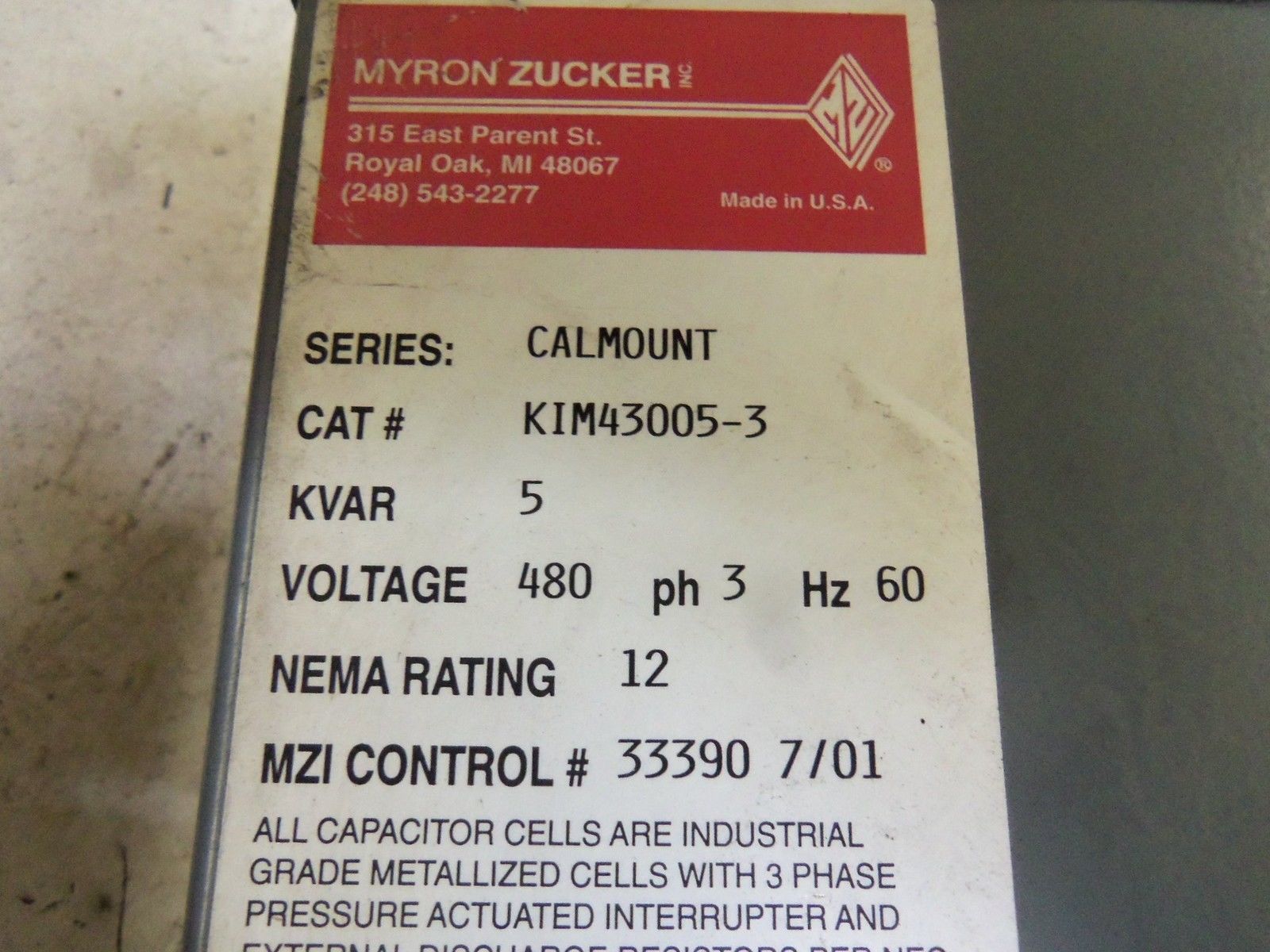 MYRON ZUCKER KIM43005-3 POWER CAPACITOR UNMP