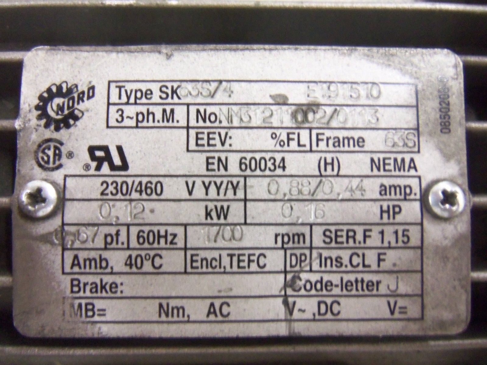 NORD SK63S/4 MOTOR (AS PICTURED) UNMP