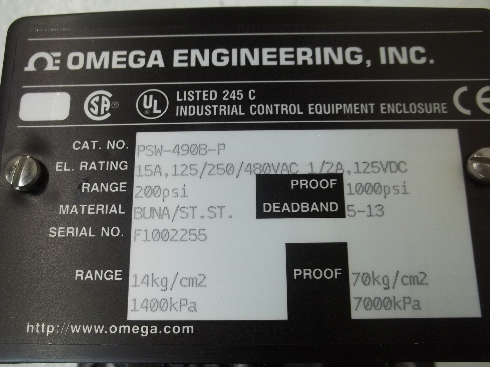 OMEGA PSW-490B-P PRESSURE SWITCH 200 PSI NSMP