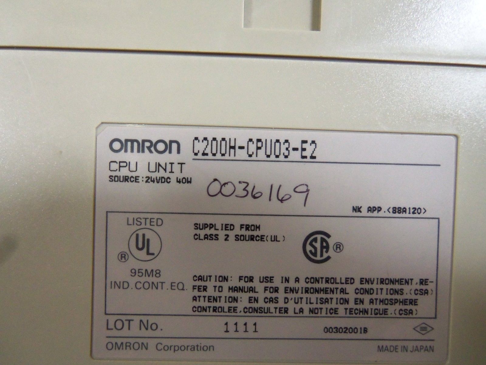 OMRON C200H-CPU03-E2 CPU PWR SUPPLY W/ MEMORY C200HME831 UNMP