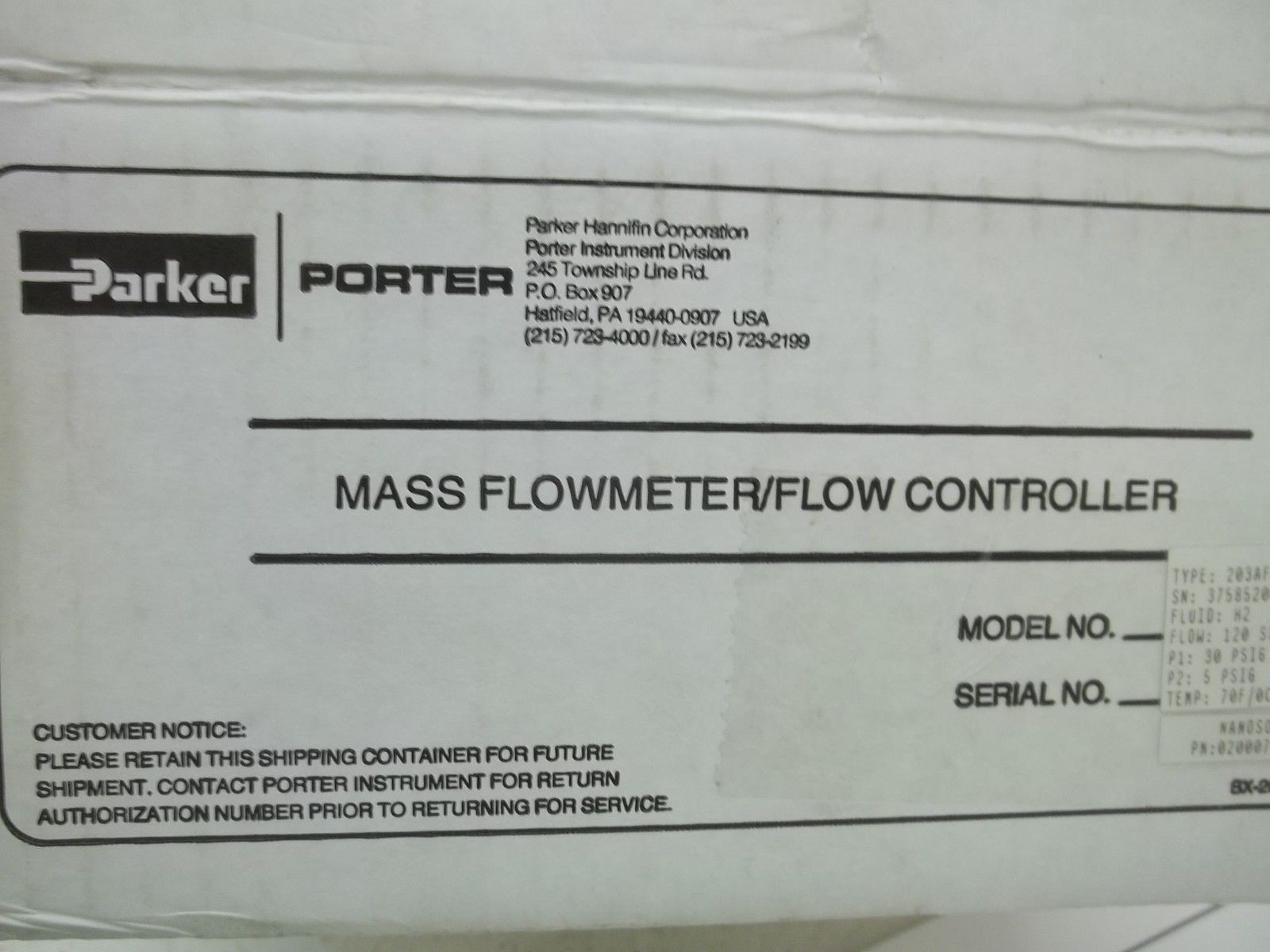 PARKER 203AFKASBDED MASS FLOWMETER/FLOW CONTROLLER NSMP