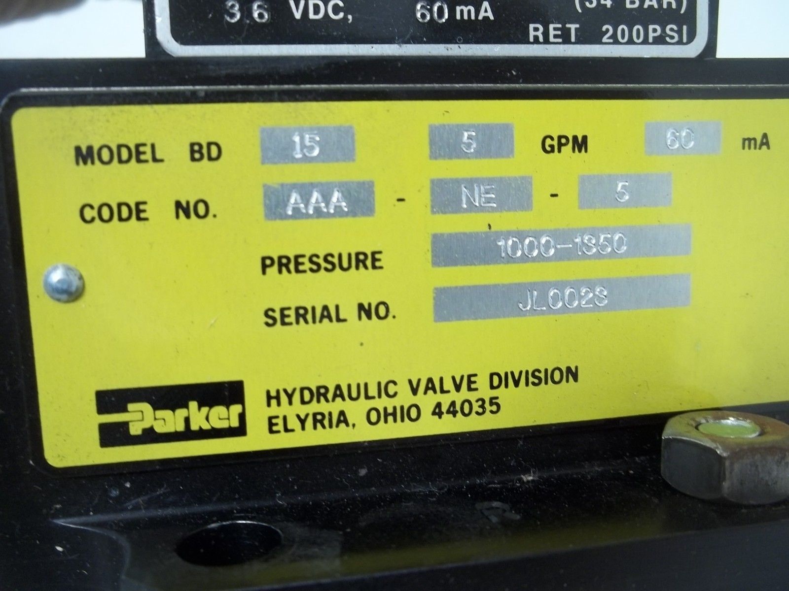 PARKER BD155GPM50MA PNEUMATIC VALVE UNMP