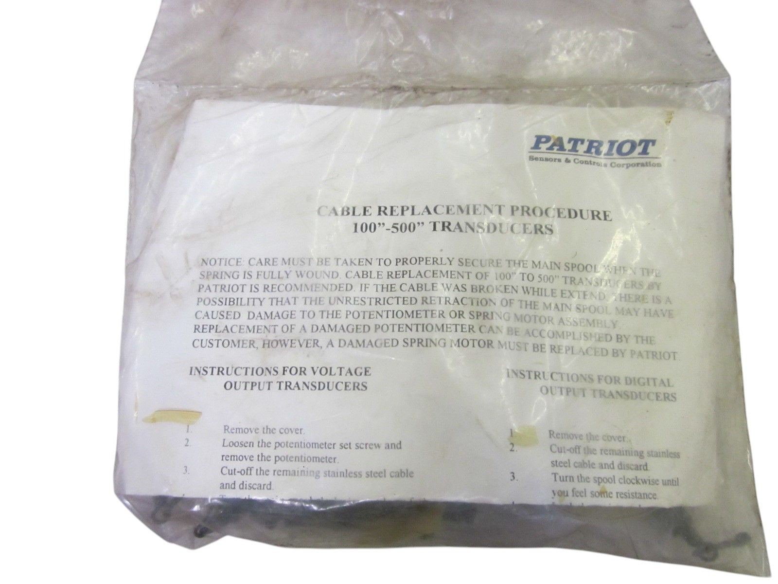 PATRIOT CABLE REPLACEMENT PROCEDURE 100"-500" TRANSDUCERS NSMP