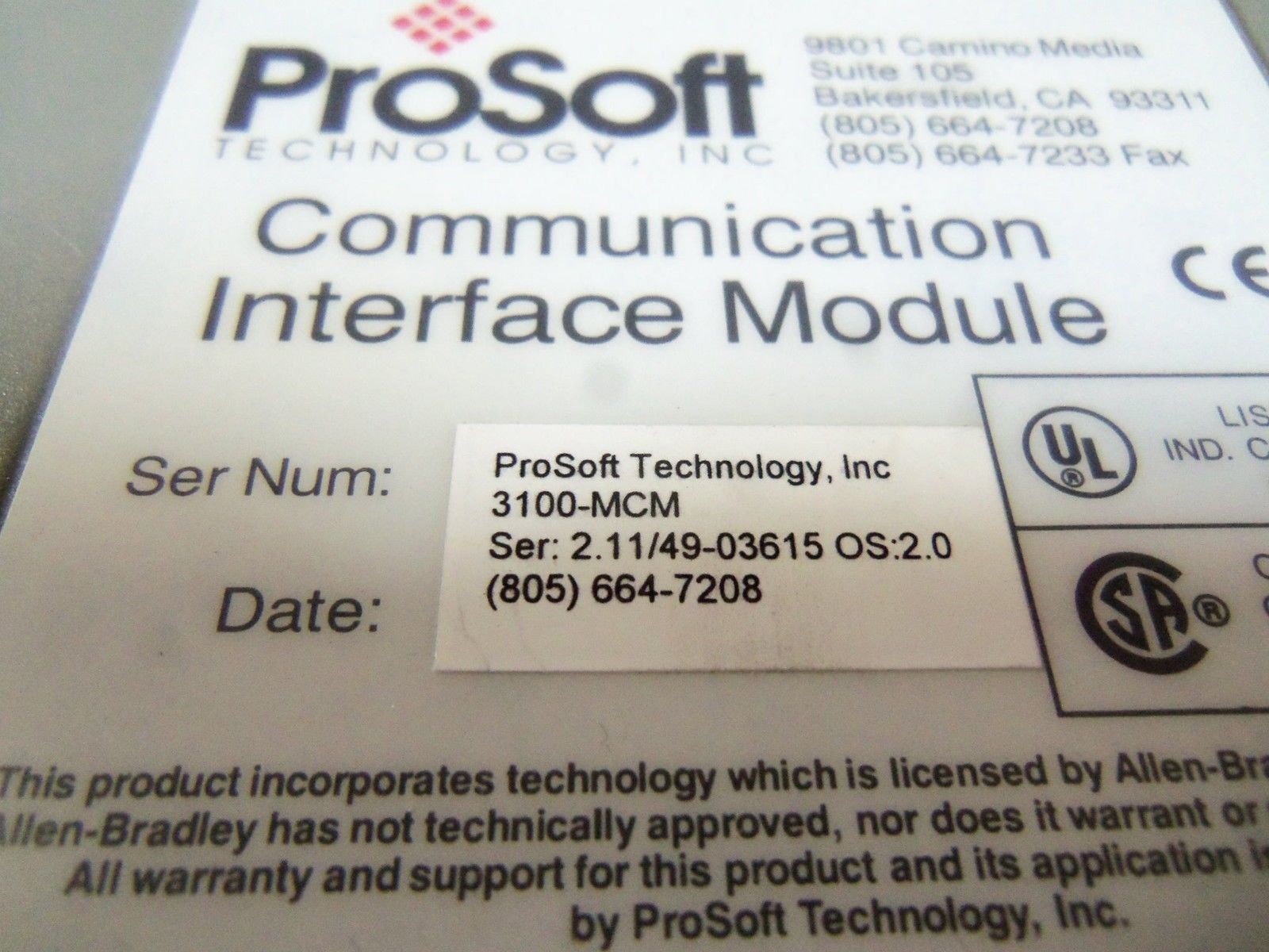 PROSOFT 3100-MCM COMMUNICATION INTERFACE MODULE UNMP