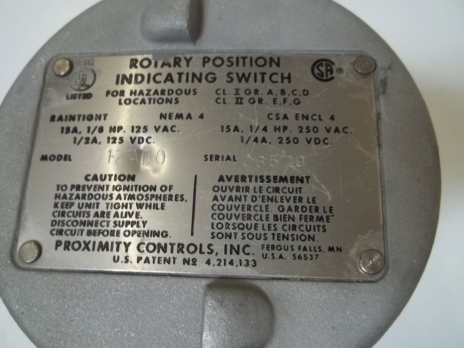 PROXIMITY CONTROLS, INC. 12AD0 ROTARY POSITION  INDICATING SWITCH UNMP