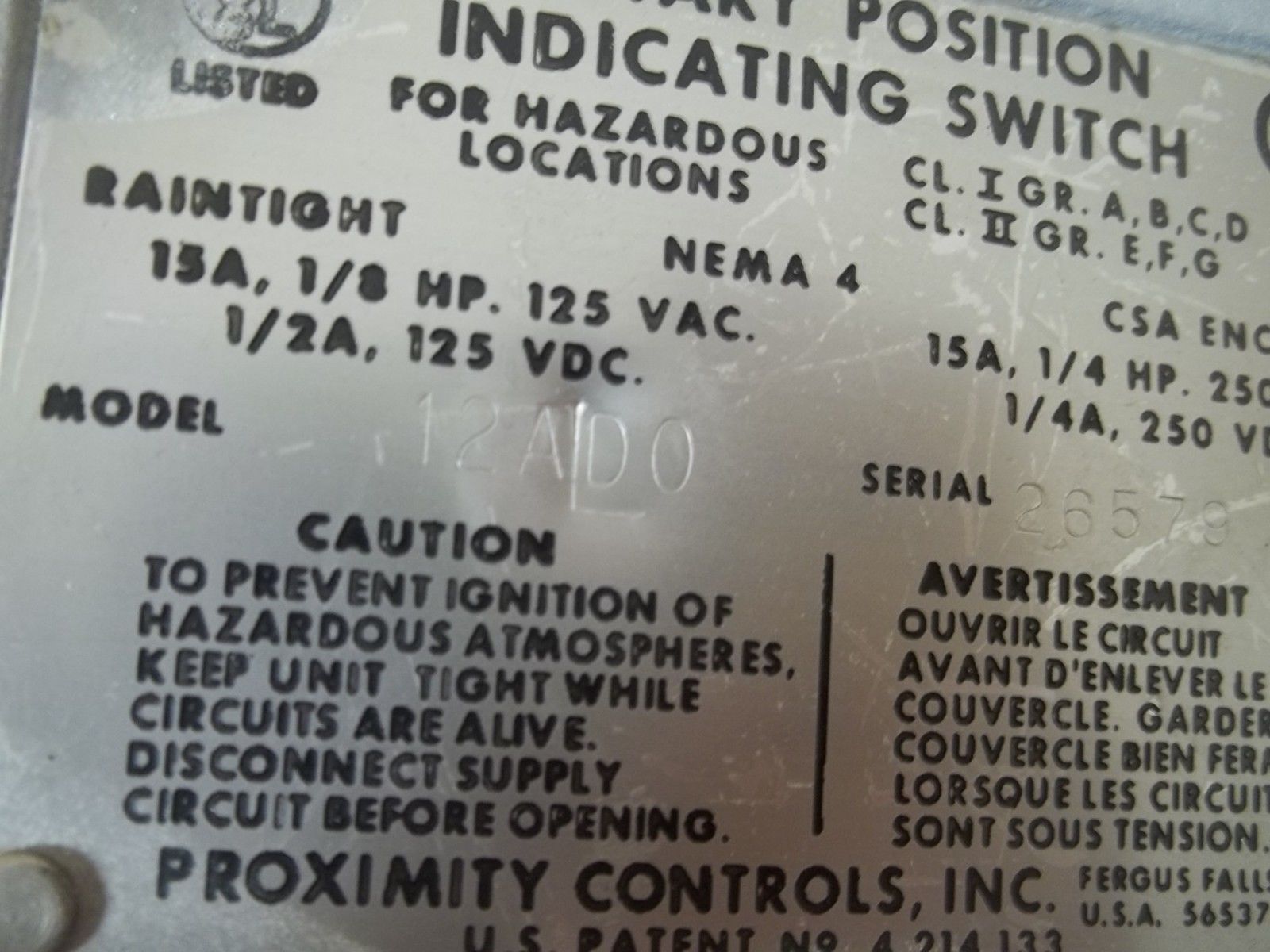 PROXIMITY CONTROLS, INC. 12AD0 ROTARY POSITION  INDICATING SWITCH UNMP