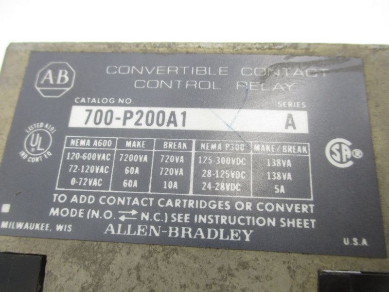 ALLEN BRADLEY 700-P200A1 SER. A 110/115-120V 60A (AS PICTURED) UNMP