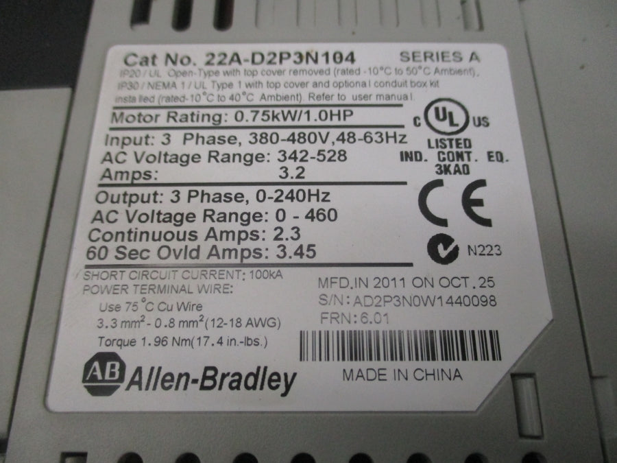 INDUSTRIAL SPARE PART 22A-D2P3N104 SER. A F/W 6.01 342-528VAC 3.2A NSNP