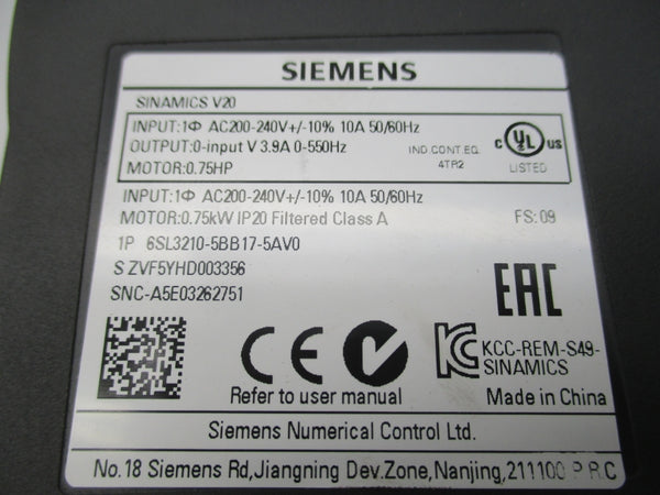 SIEMENS 6SL3210-5BB17-5AV0 200-240VAC 10A NUPI