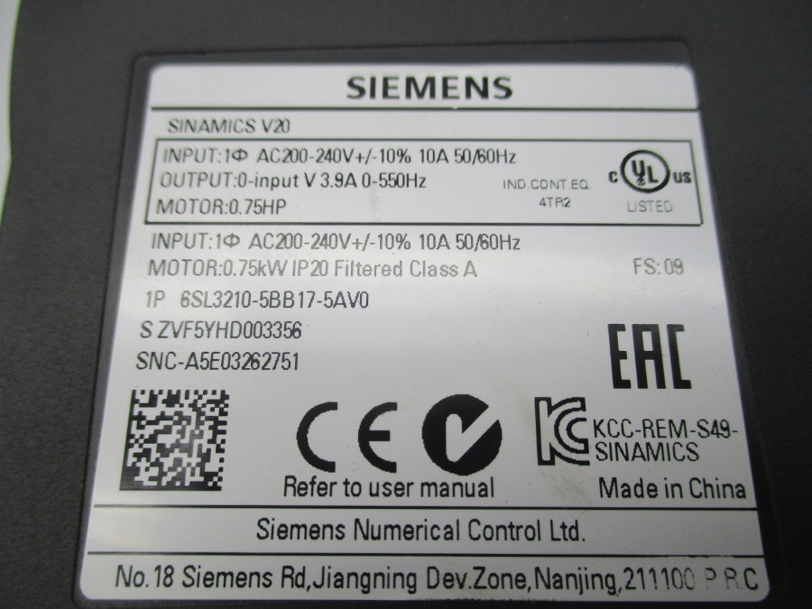 SIEMENS 6SL3210-5BB17-5AV0 200-240VAC 10A NUPI