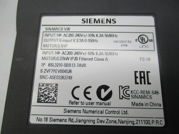 SIEMENS 6SL3210-5BB17-5AV0 200-240VAC 6.2A NUPI