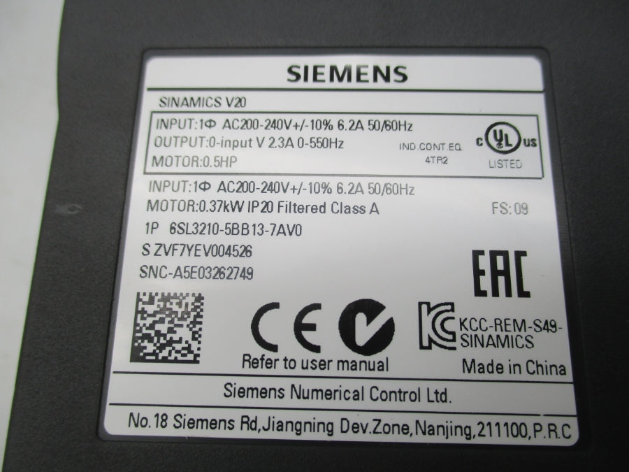 SIEMENS 6SL3210-5BB17-5AV0 200-240VAC 6.2A NUPI