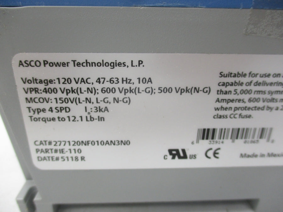 ASCO 277120NF010AN3N0 IE-110 120VAC 10A NSMP