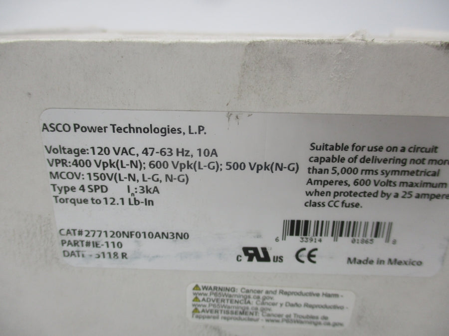 ASCO 277120NF010AN3N0 IE-110 120VAC 10A NSMP