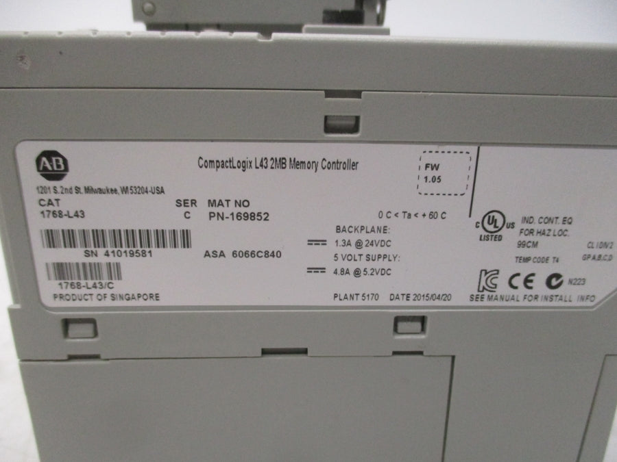 ALLEN BRADLEY 1768-L43 SER. C F/W 1.05 24VDC 1.3A NSNP