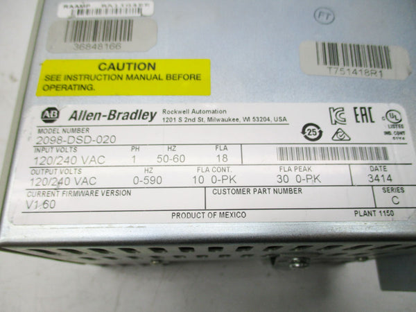 ALLEN BRADLEY 2098-DSD-020 SER. C F/W V1.60 120/240VAC 18A UNMP